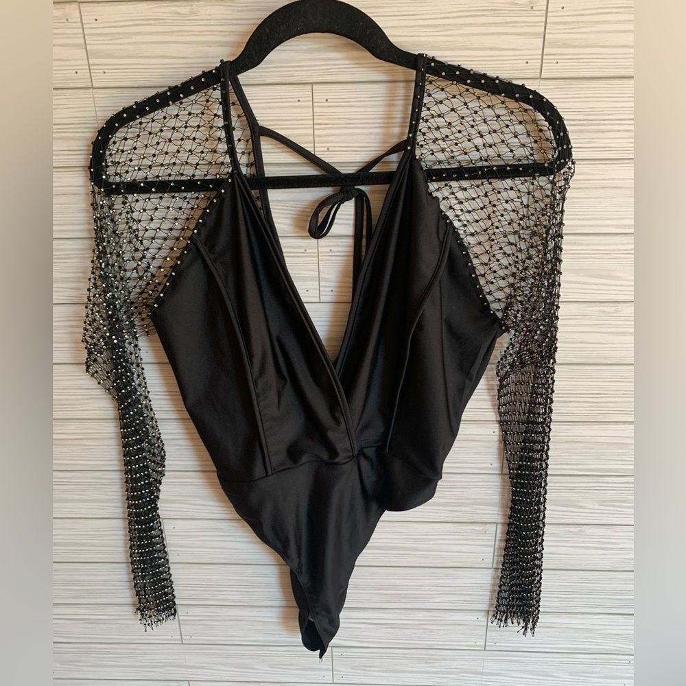 Envme Black Embellished Mesh-Sleeve Bodysuit